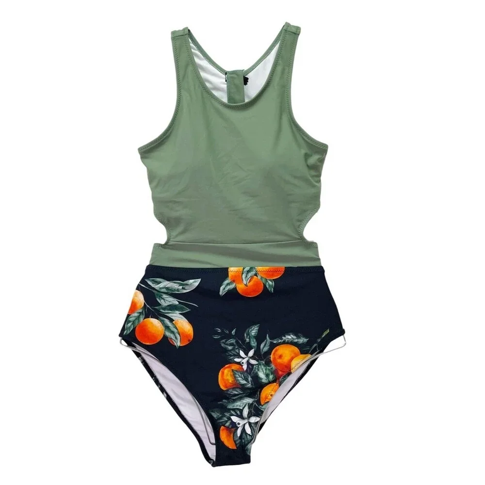 NWT Cupshe Miss U Citrus Print Cutout One Piece Swimsuit Zip Back Tie Waist Sz M